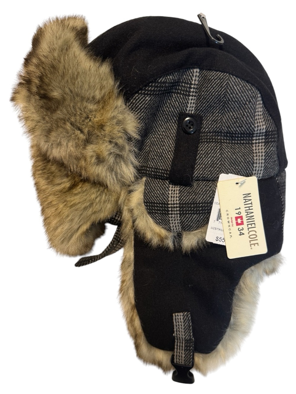 NWT Plaid Trapper Hat with Faux Fur Ear Flaps Black & Brown Size L/XL
